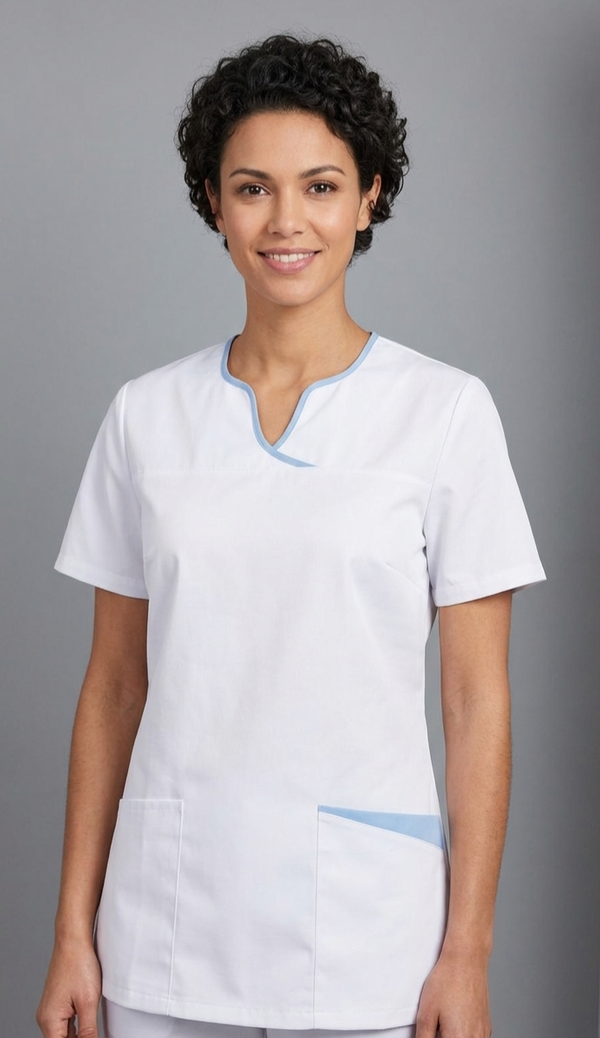 Kasack, Damenkasack, BERBEL, weiss mit hellblauen Einsätzen