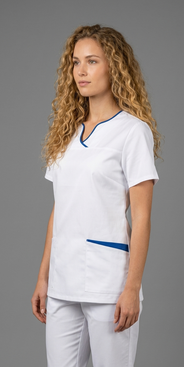 Kasack, Damenkasack, BERBEL, weiss mit royalblauen Einsätzen