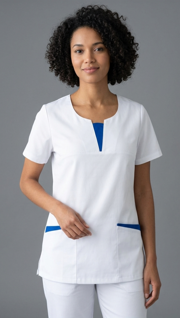 Kasack, Damenkasack, IRIS, weiss mit royalblauen Einsätzen