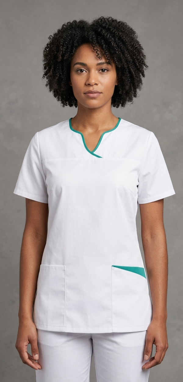 Kasack, Damenkasack, BERBEL, weiss mit smaragd Einsätzen