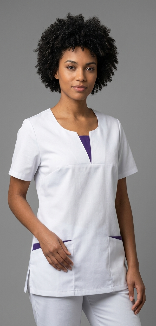 Kasack, Damenkasack, IRIS, weiss mit lila Einsätzen