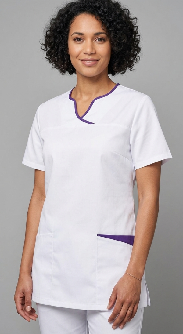 Kasack, Damenkasack, BERBEL, weiss mit lila Einsätzen