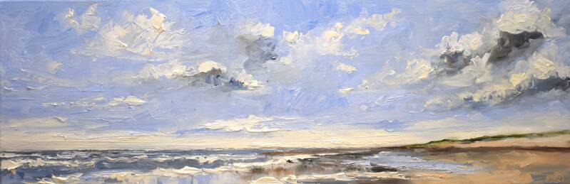 Spring beach, oil on canvas, 30 x 90 cm, 2020. (SOLD)