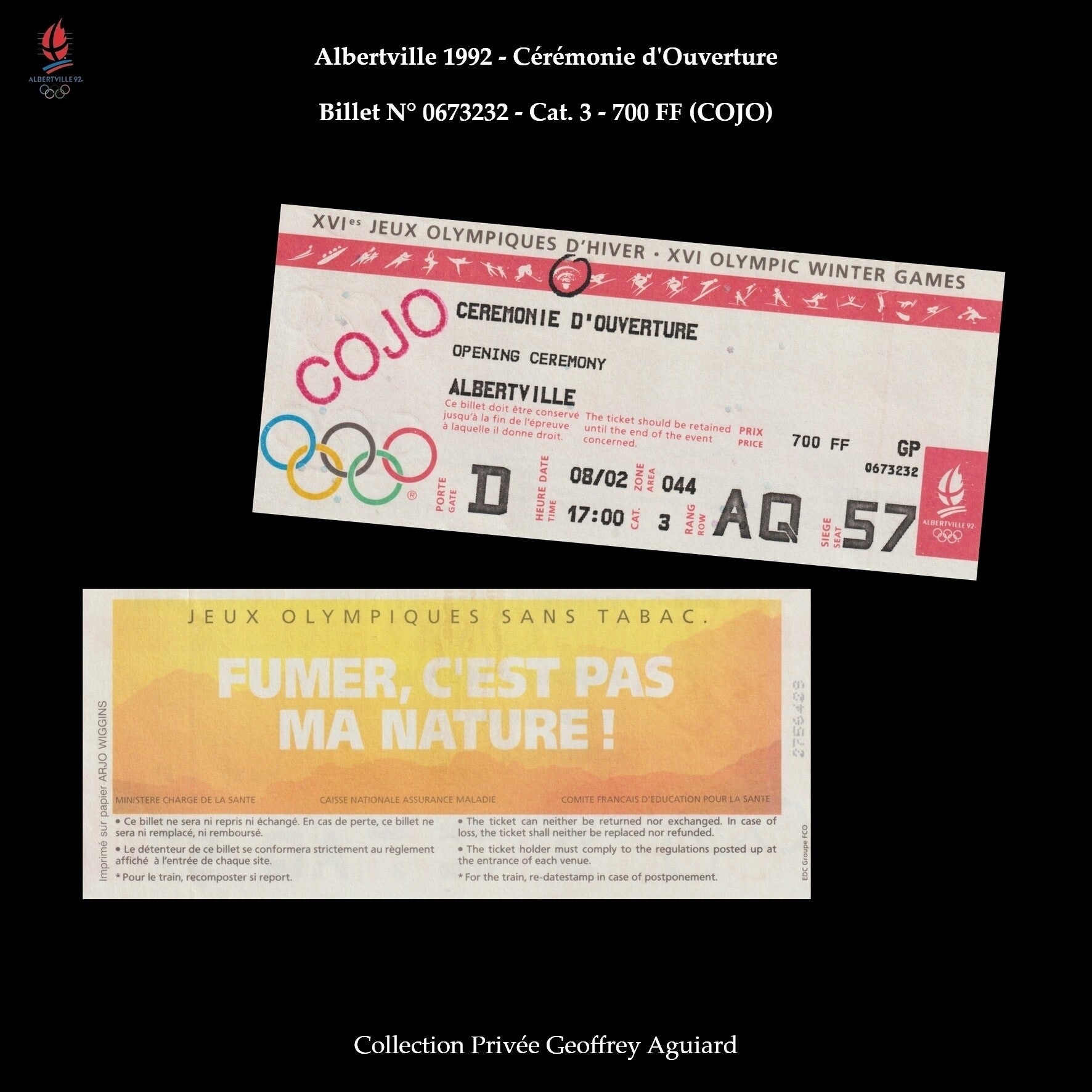 Billet : Cérémonie d'Ouverture - Cat. 3 - 700 FF - COJO