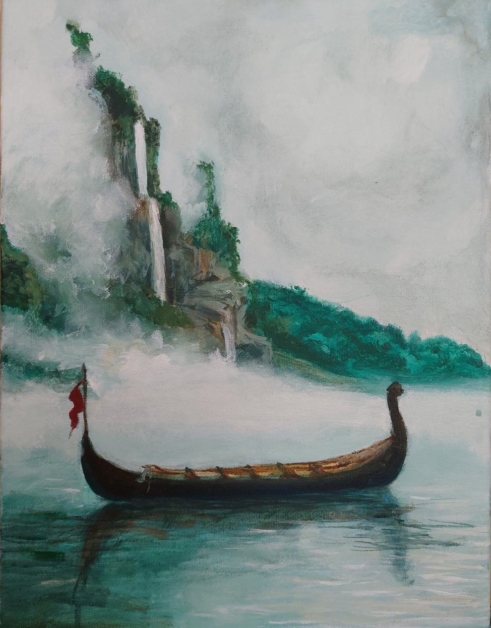 Vikingaskepp i dimhöljd fjord med vattenfall och skogsklädda klippor i bakgrunden. Akrylmålning i historisk romantisk stil. 30x40 cm