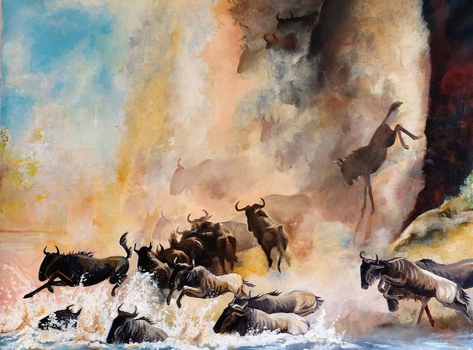 Gnus i rörelse genom vatten och damm, målade i ett färgstarkt intryck med energi och rytm. Modern impressionism. 90x80 cm