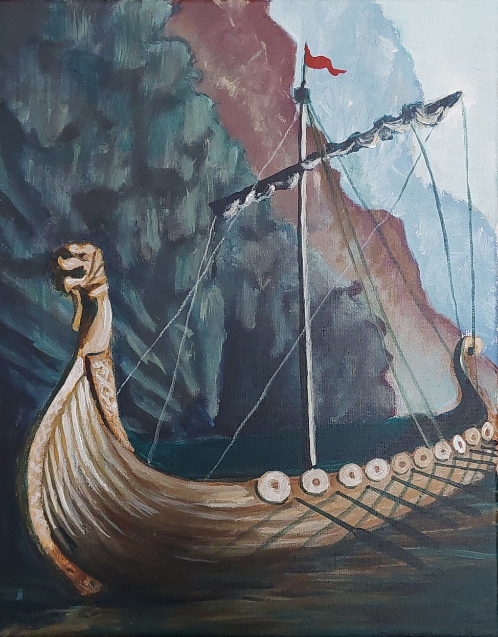 Vikingaskepp i trä med drakhuvud seglar genom en nordisk fjord, omgiven av dramatiska klippor. Akrylmålning i historisk romantisk stil. 30x40 cm