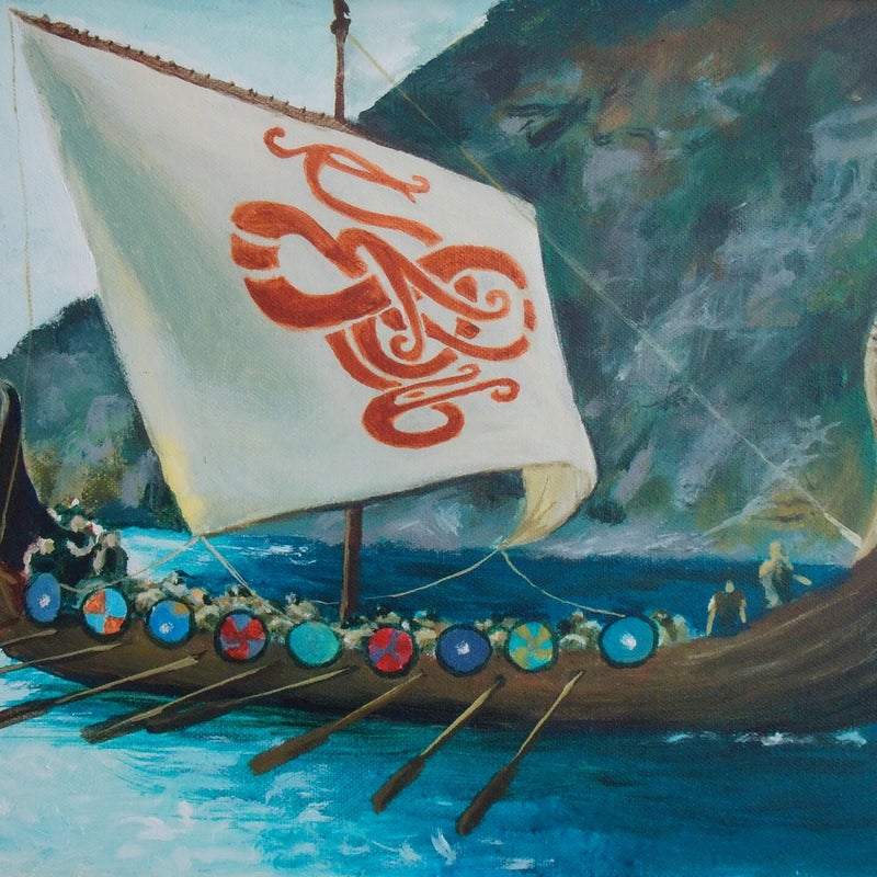 Vikingaskepp i nordisk fjord, 40x30 cm Historisk romantik by Renata Edin