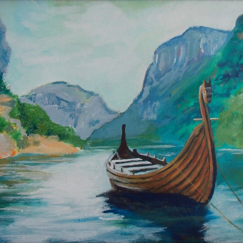 Vikingaskepp i stilla fjord, 40x30 cm Historisk romantik by Renata Edin