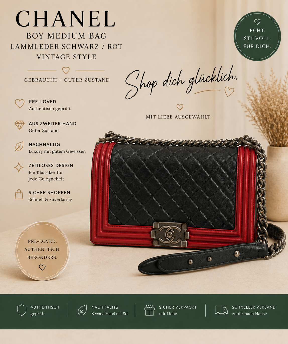 Chanel Boy Medium Tasche Lammleder Schwarz Rot Vintage Style