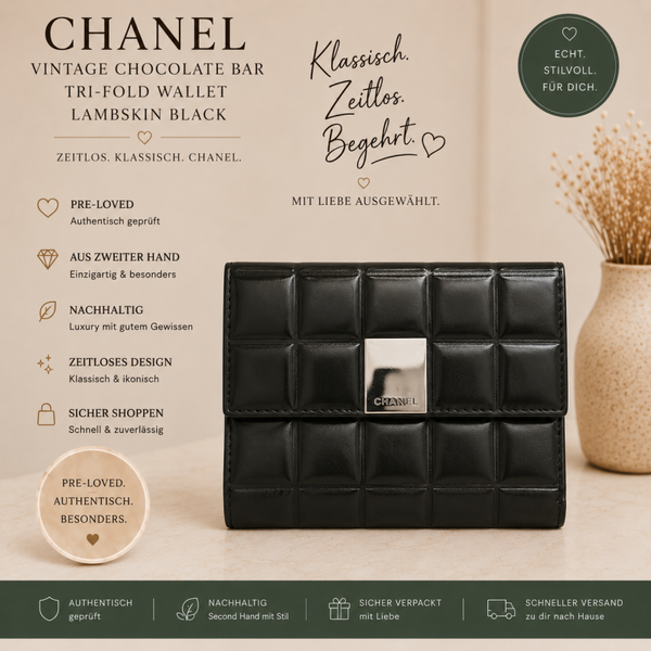Chanel Vintage Chocolate Bar Black Lambskin Flap Tri-fold Wallet Geldbeutel