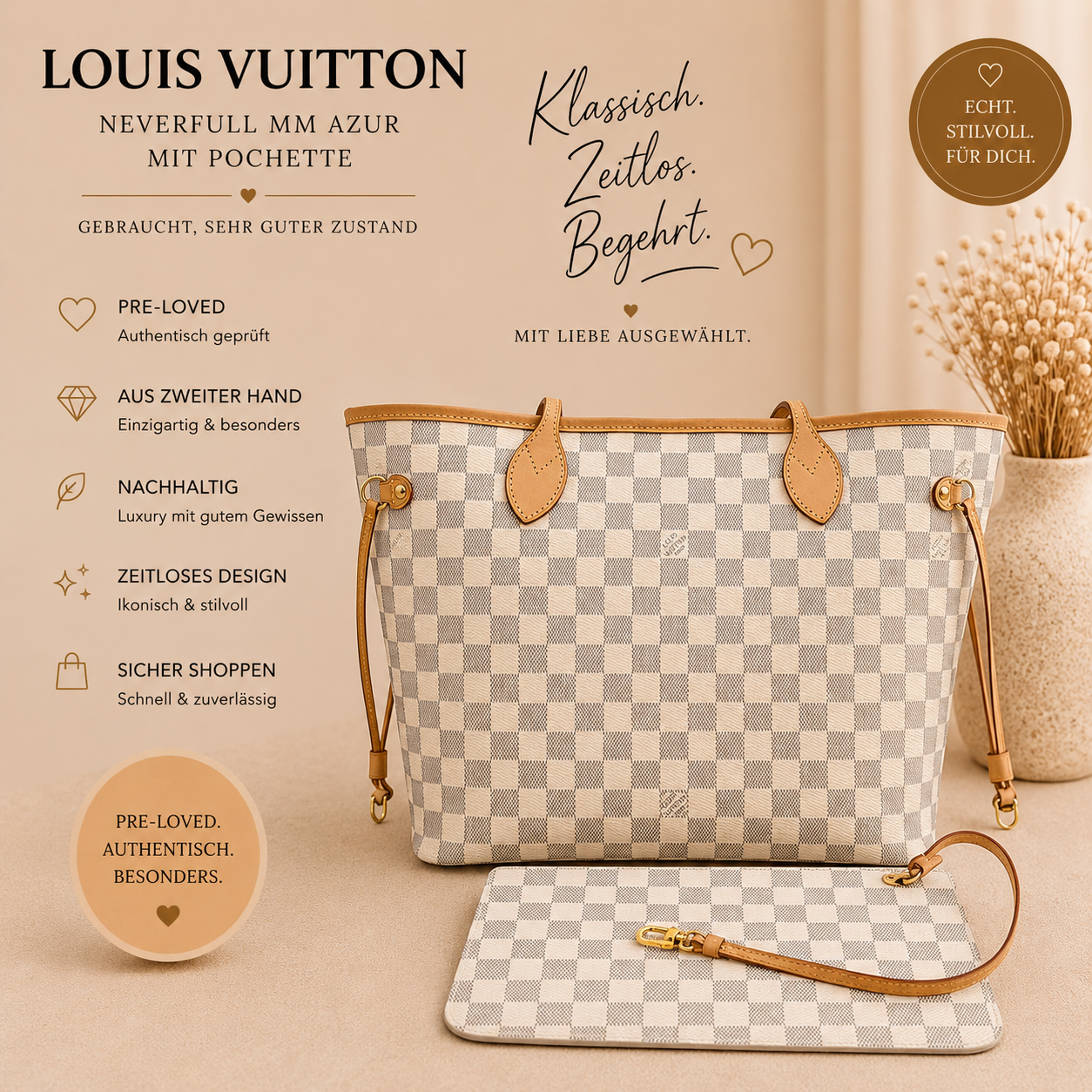 Louis Vuitton Neverfull MM Azur mit Pochette