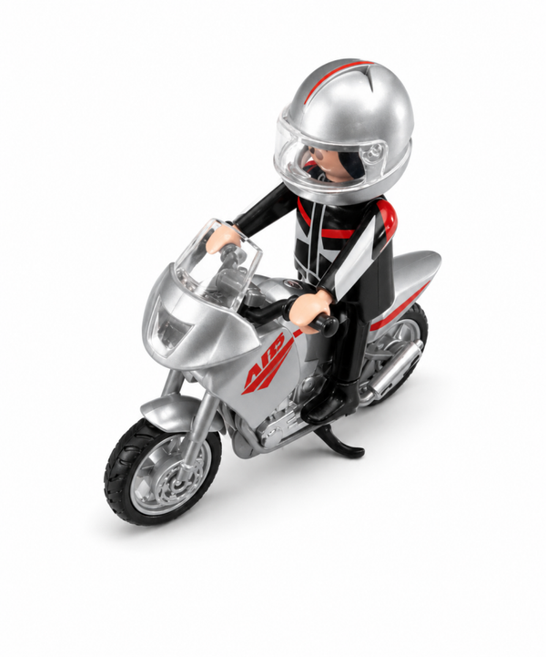 Zilveren sportmotor met motorrijder