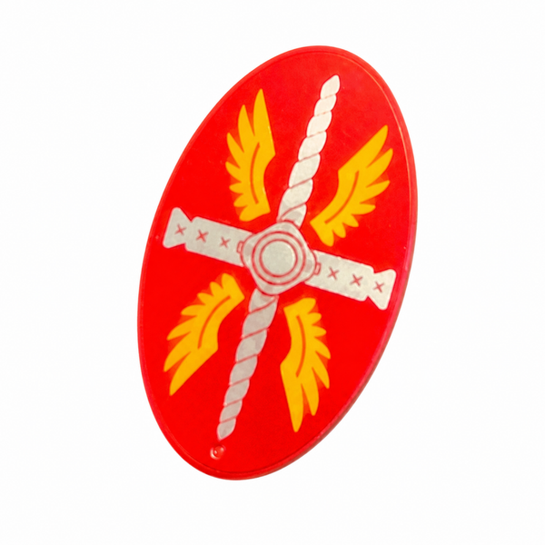 Ovaal rood schild met zilverkleurig kruis en gele details