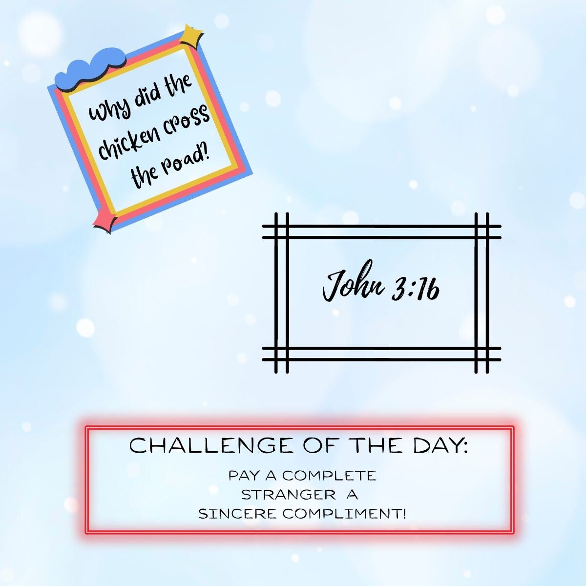 Jokes, Bible verse, daily challenge example