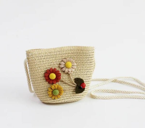 Tasje stro beige bloemen