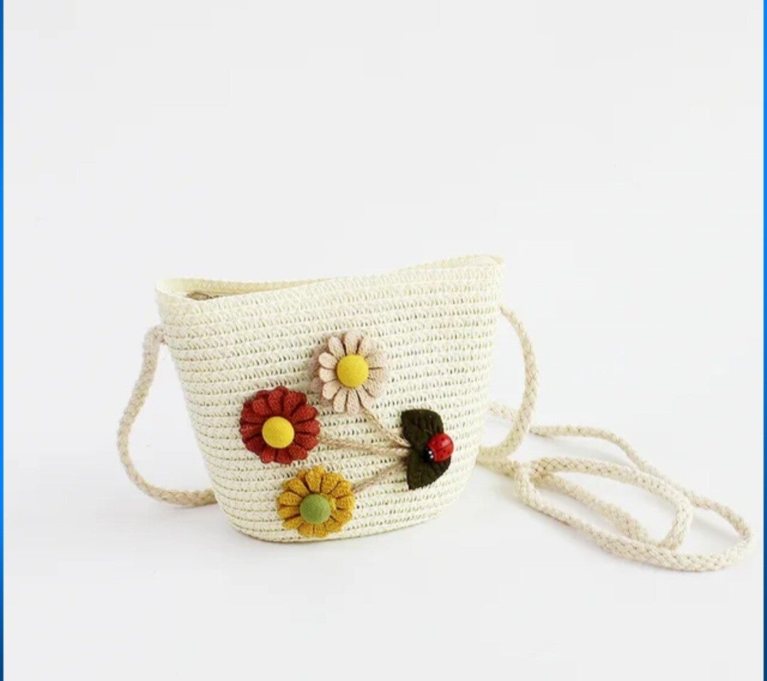 Tasje stro wit bloemen