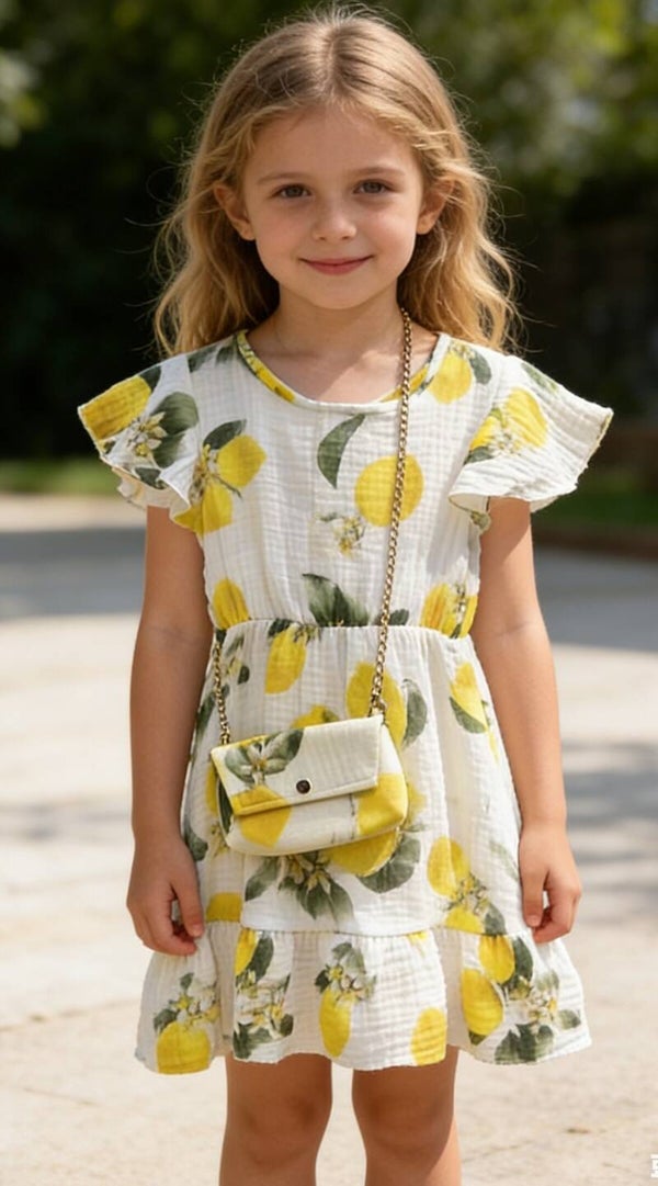 Citroen jurkje mousseline + Tasje