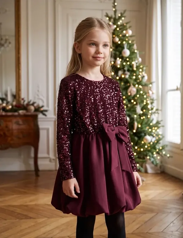 Jurk met pailletten en strik bordeaux