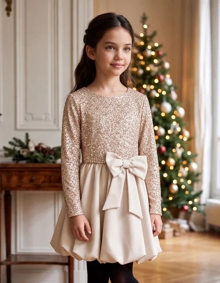 Jurk met pailletten en strik beige/goud