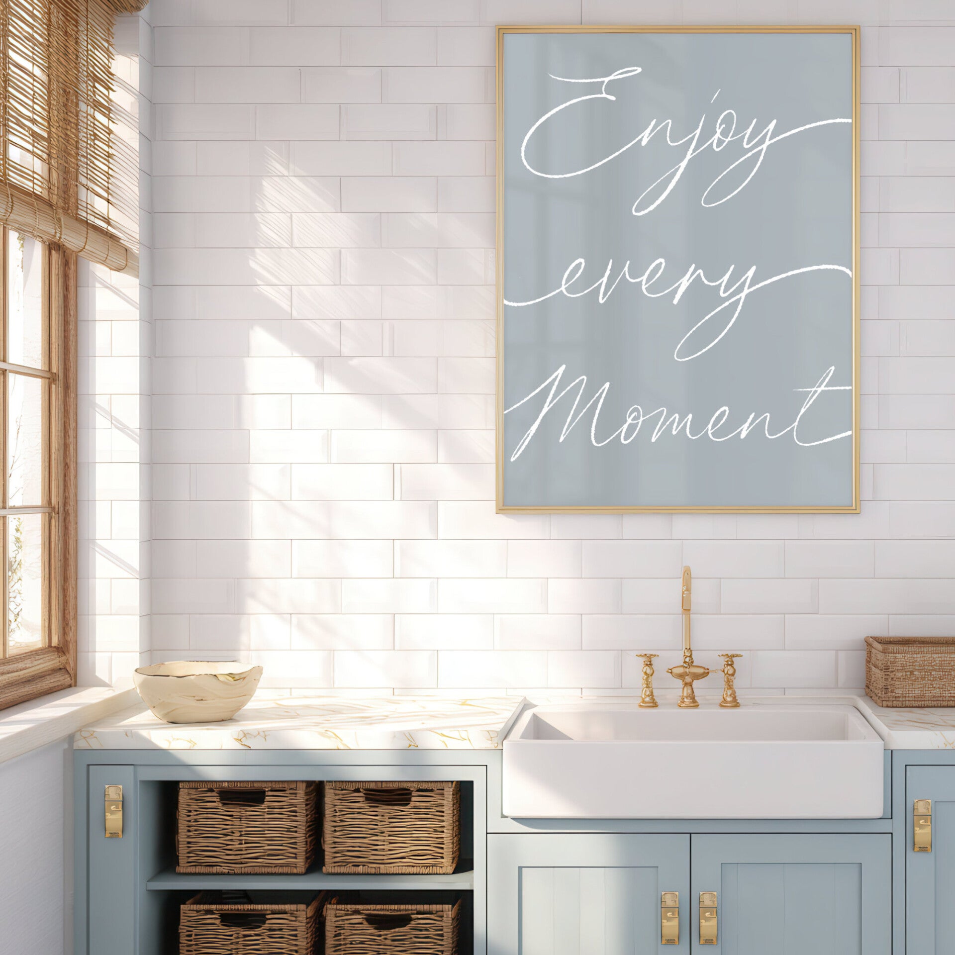 Druckbares Poster mit dem Text "Enjoy every Moment". Von A0 bis A7 druckbar. Farben: schwarz, weiß, blau-grau und beige enthalten. Freebie - Geschenk