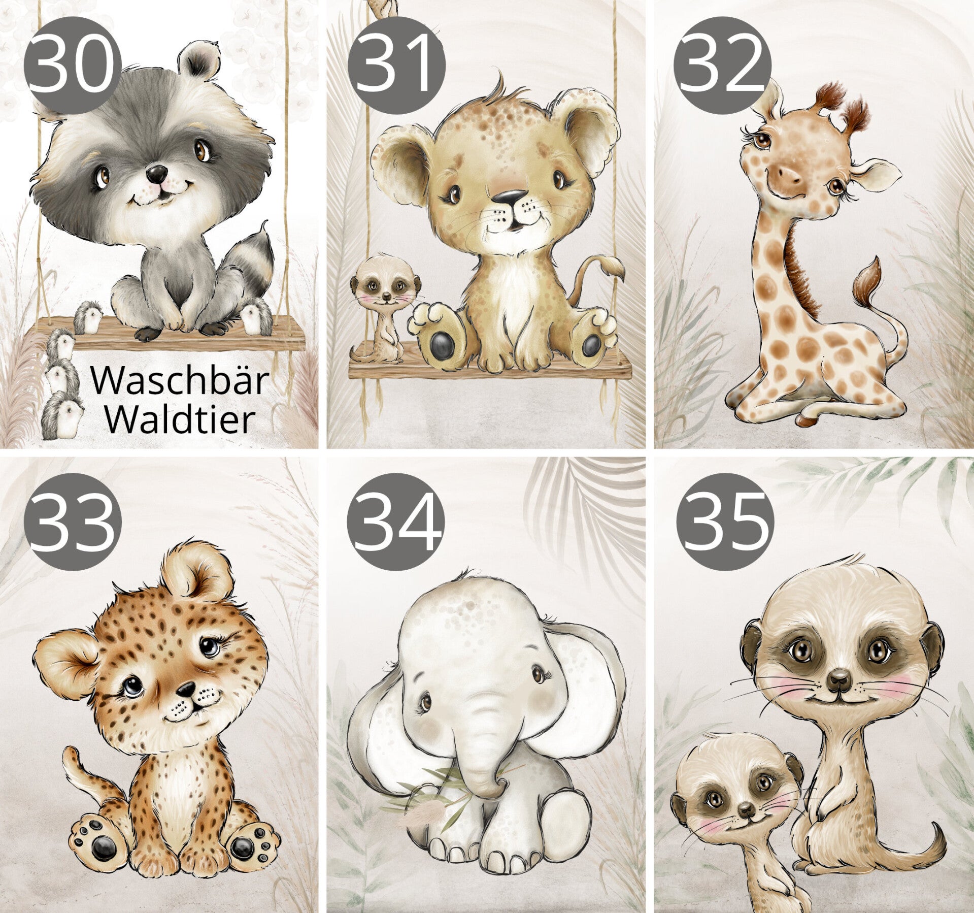 Babyzimmer und Kinderzimmer Dekoration mit verschiedenen Tieren wie Safari und Waldtiere