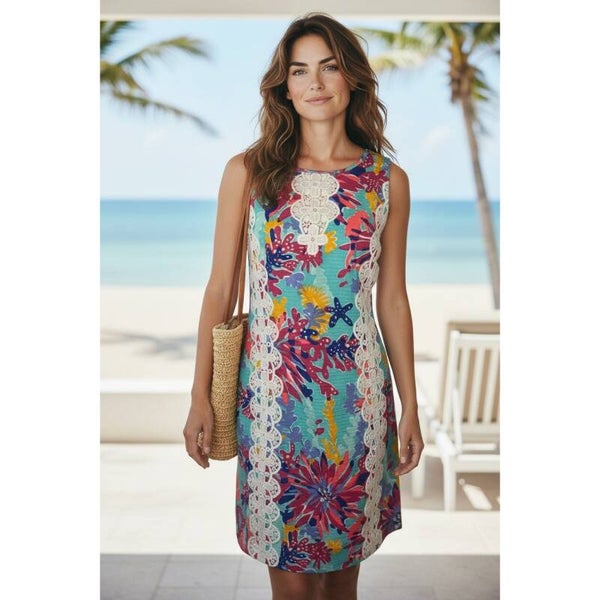 Lilly Pulitzer Sea Life Floral Lace Trim Shift Dress Size 6