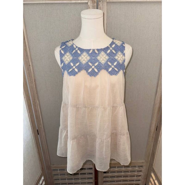 Entro Crochet Lace Top Beige Sleeveless Tiered Tank Boho Blouse Summer Size S