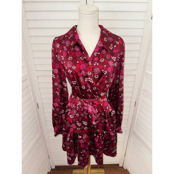 ON 34th Red Floral Print Long Sleeve Ruffle Mini Dress Womens Small NWT