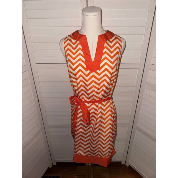 Mud Pie Womens Orange White Chevron Sleeveless Belted Dress Size Small