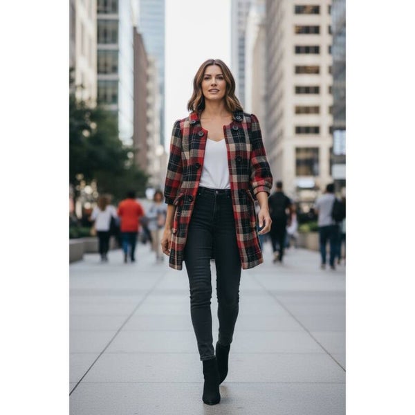 213 Plaid Coat Women's 3/4 Sleeve Button Front Pocket Detail  Size M