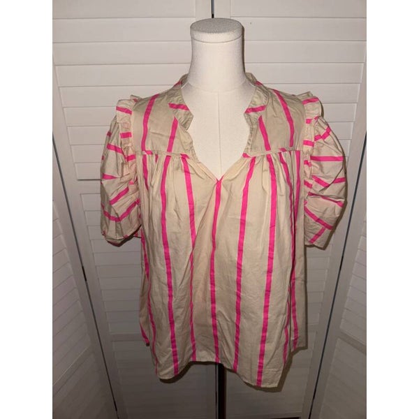 Entro Women's Top Size Large Beige Pink Striped Short Sleeve Blouse Casual