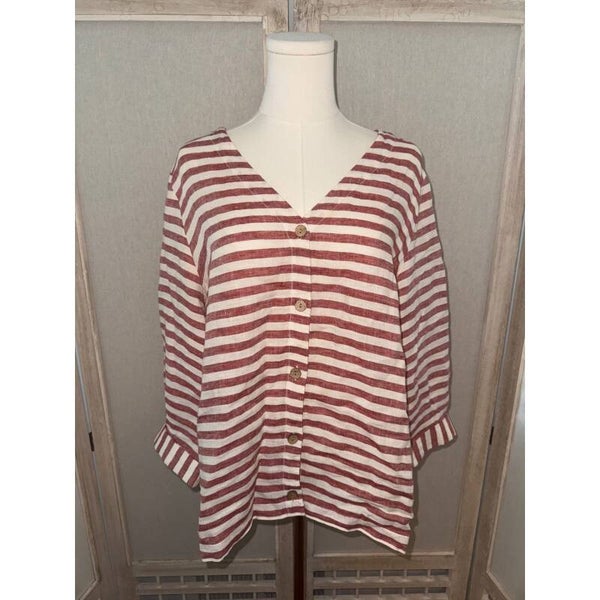 Rachel Zoe Linen Button-Down Top Striped 3/4 Sleeve Relaxed Fit Size Medium