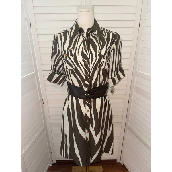 Antonio Melani Zebra Print Shirt Dress Belted Safari Style Size 10