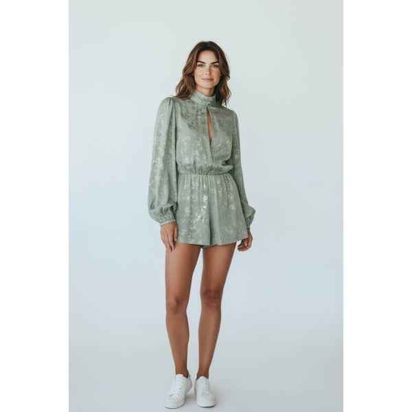 Lovers and Friends Romper Sage Green Floral Mock Neck Long Sleeve Size Medium