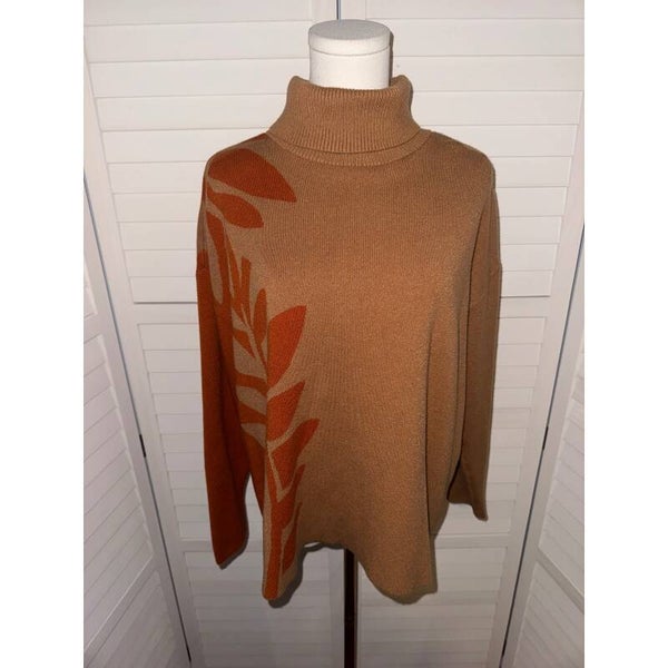 Wynne Collection Women's Brown Leaf Print Turtleneck Knit Sweater Size Medium