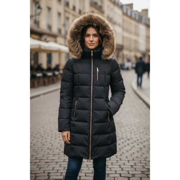 MICHAEL Michael Kors Womens Black Down Puffer Coat Faux Fur Hood Gold Zip Size L