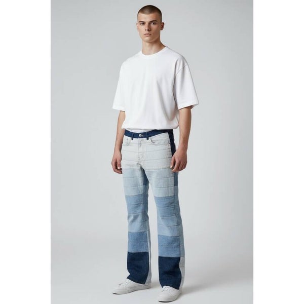 BoohooMAN Mens Designer Panel Straight Leg Jeans Denim Blue Size 32X34