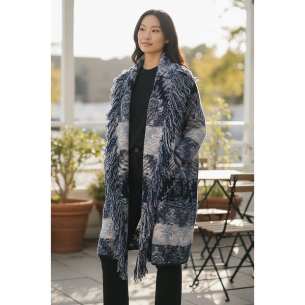 American Eagle Outfitters Women Blue White Fringe Cardigan Sweater Size S