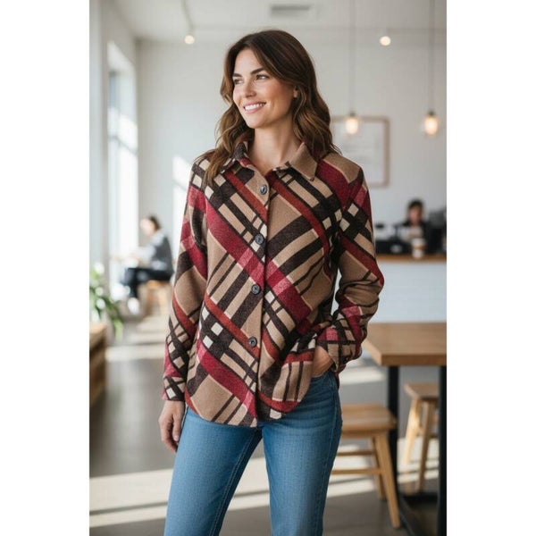 Zenana Camel Plaid Shacket Shirt Jacket Women Size M Pockets