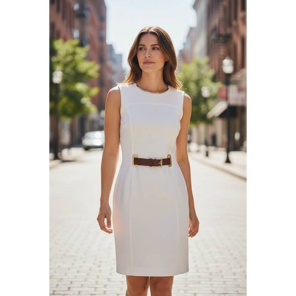 MICHAEL Michael KORS White Sleeveless Sheath Dress Gold Neckline Detail Size 6