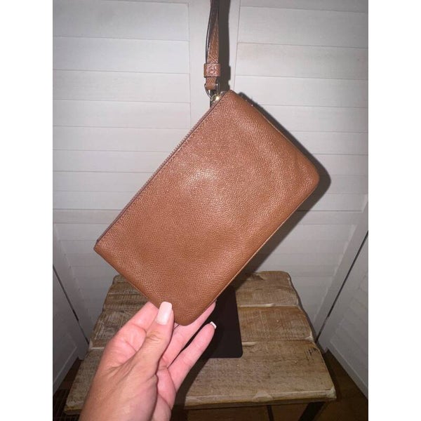 Coach Leather Wristlet Wallet, Brown Small Zip Top Clutch, Designer Handbag