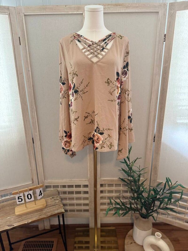 Entro Tan Floral Bell Sleeve Criss Cross Strap Blouse Size Small