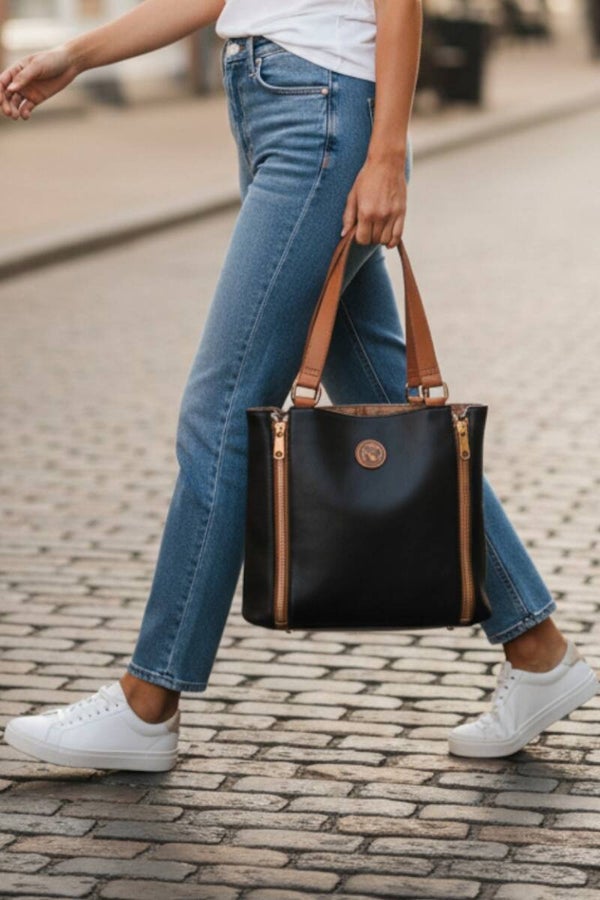 Spartina 449 Black Tan Genuine Leather Houndstooth Accent Tote Bag