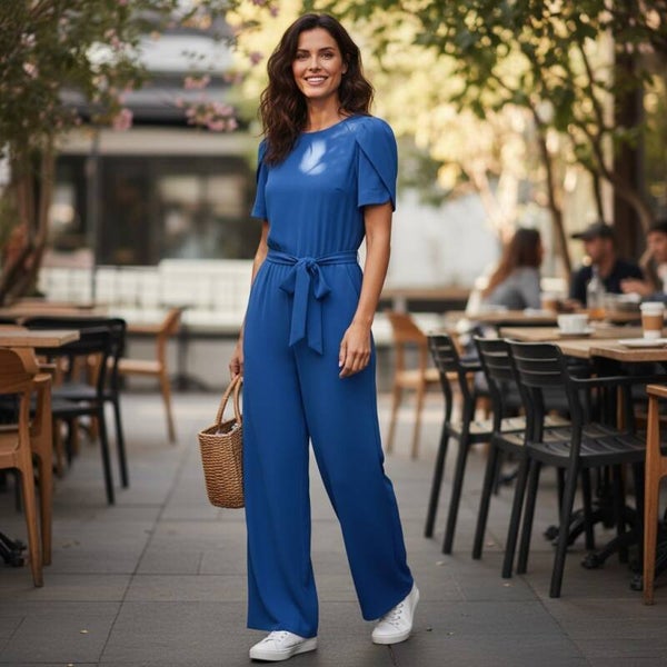 Calvin Klein Royal Blue Puff Sleeve Belted Jumpsuit Women Size 8