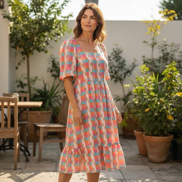 Michelle McDowell Midi Dress Square Neck Flutter Sleeve Geometric Print Size M