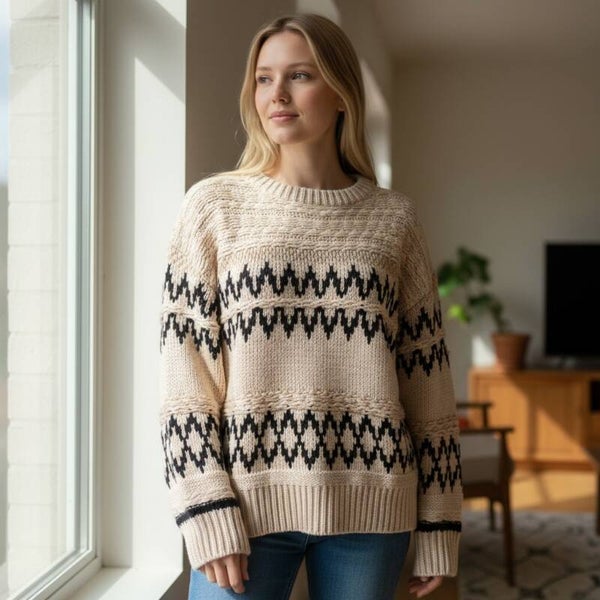 Skies Are Blue Fair Isle Knit Sweater Cream Black Zigzag Pattern Crew Neck XS
