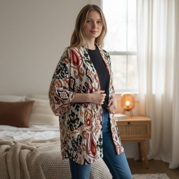 ZARA Womens Open Front Boho Ikat Print Kimono Cardigan Jacket Large