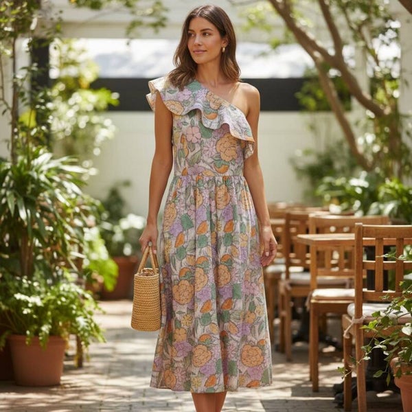 Entro One Shoulder Floral Maxi Dress Women's Ruffle Skirt Pockets Size Large