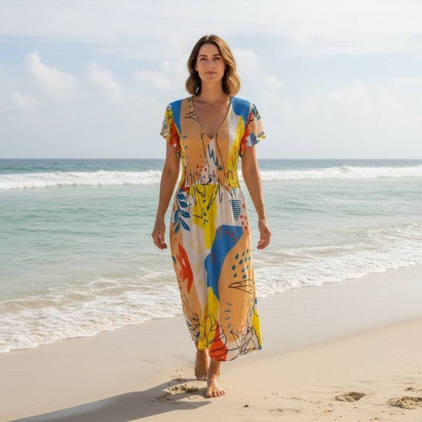 Walker & Wade Abstract Floral Smocked Maxi Dress Flutter Sleeve V Neck L